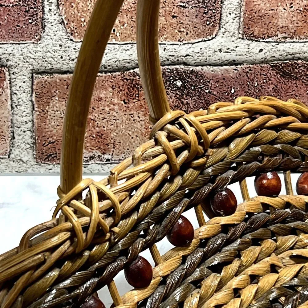 Vintage Gathering Basket With Wooden Beads | Wicker Magazine RacK | Towel Basket